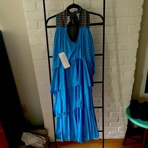 Pitusa NWT blue cheetah leopard print tiered ruffle mini dress embroider halter